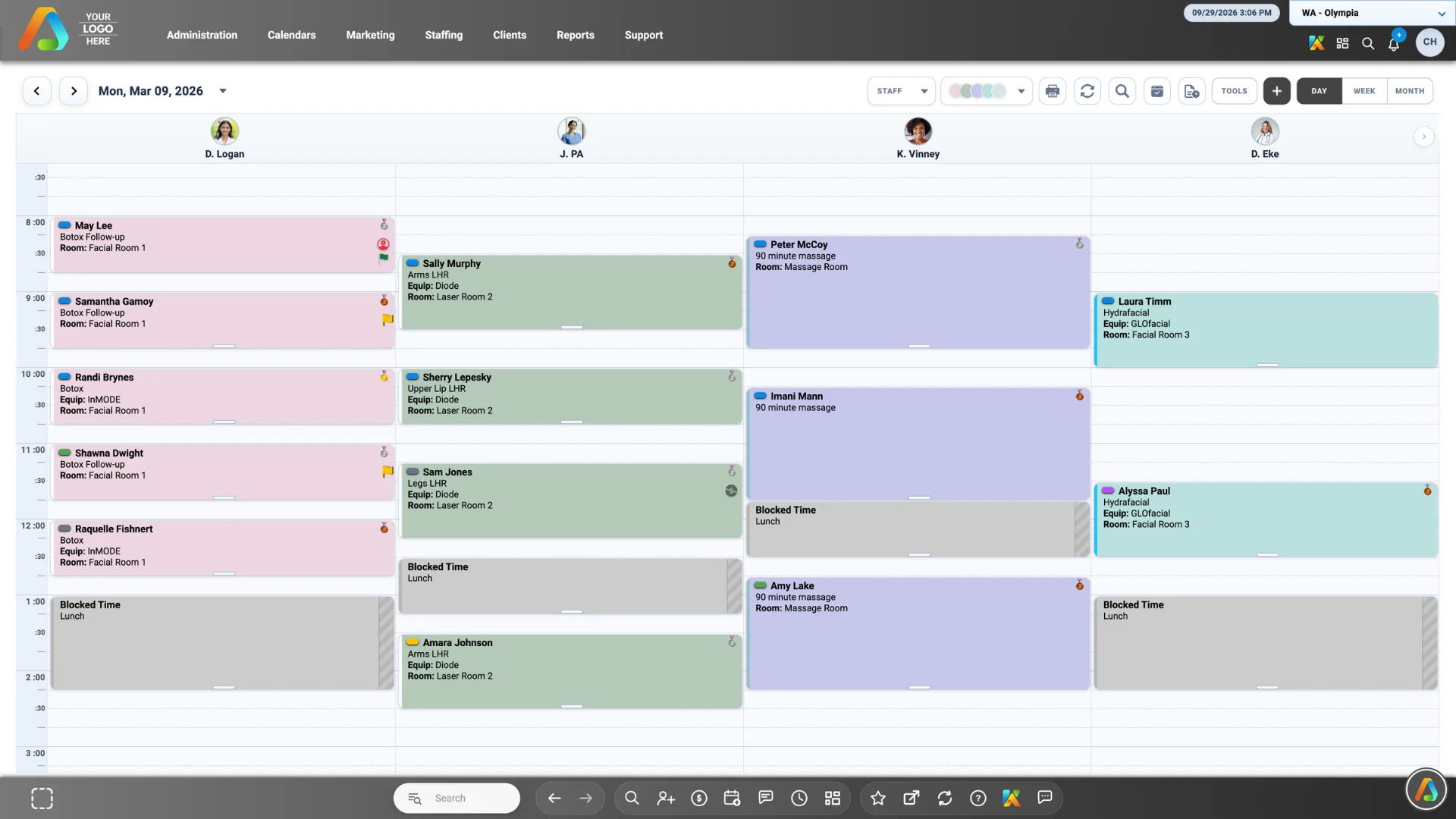 AestheticsPro calendar displaying provider schedules and appointments