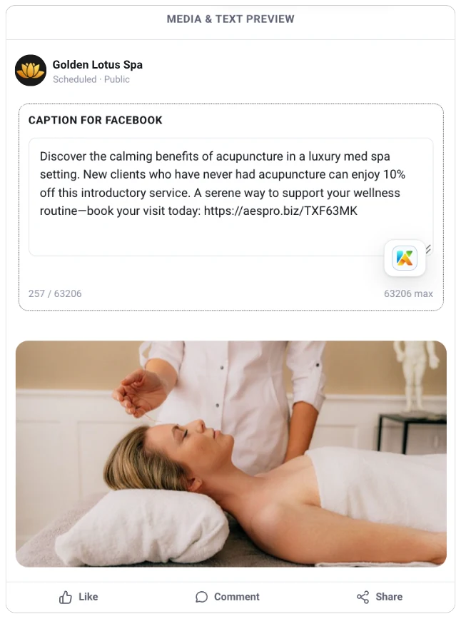 AI Content Creator preview showing a drafted social media caption and treatment photo