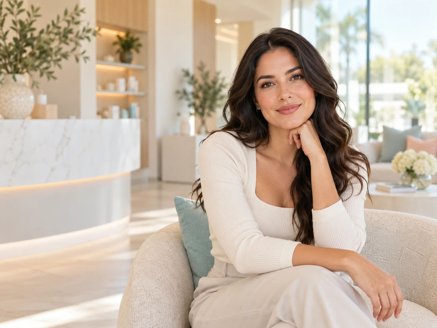 Woman seated in a bright, modern medical spa reception area