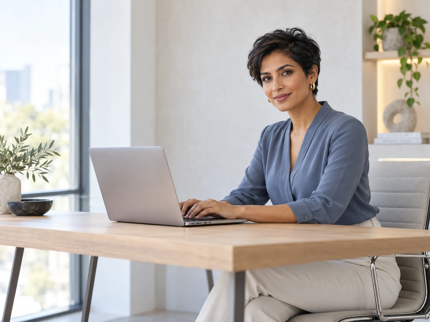 Medical spa professional working on a laptop in a modern office