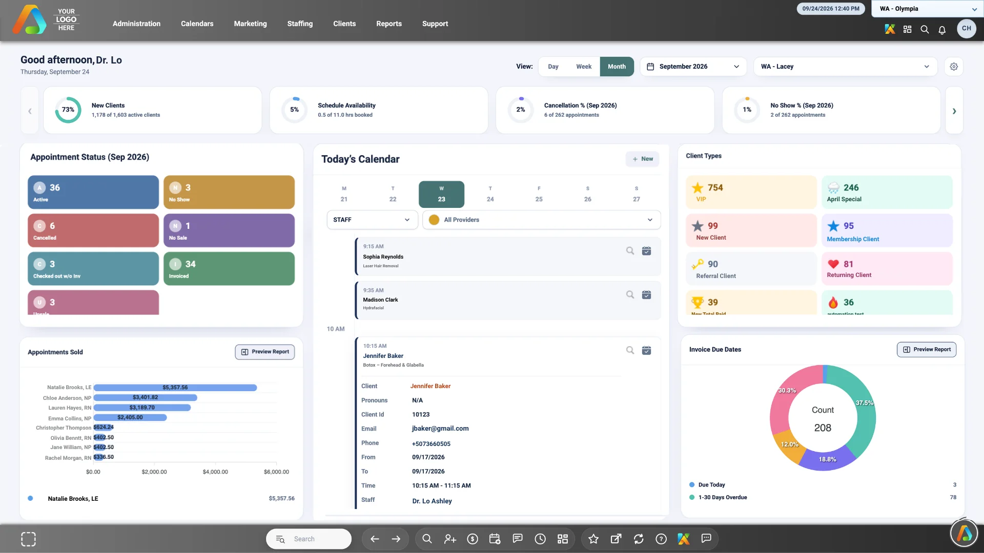 AestheticsPro dashboard showing appointments, business metrics, and practice management tools