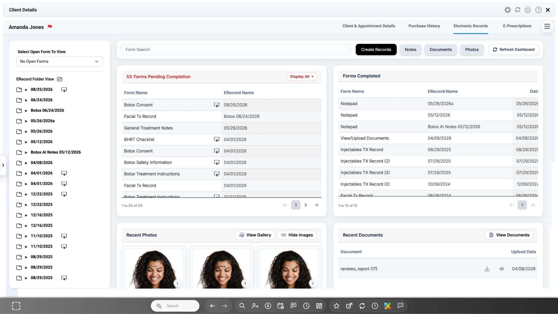 AestheticsPro E-Records dashboard showing electronic forms and client photos