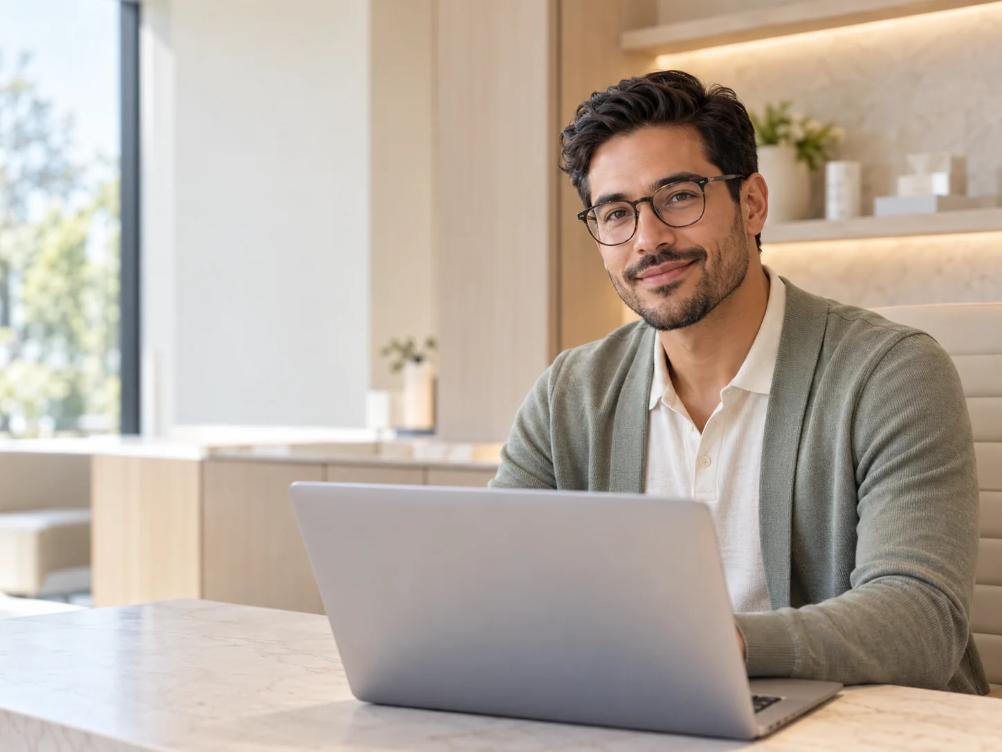 Medical spa professional using a laptop in a bright office