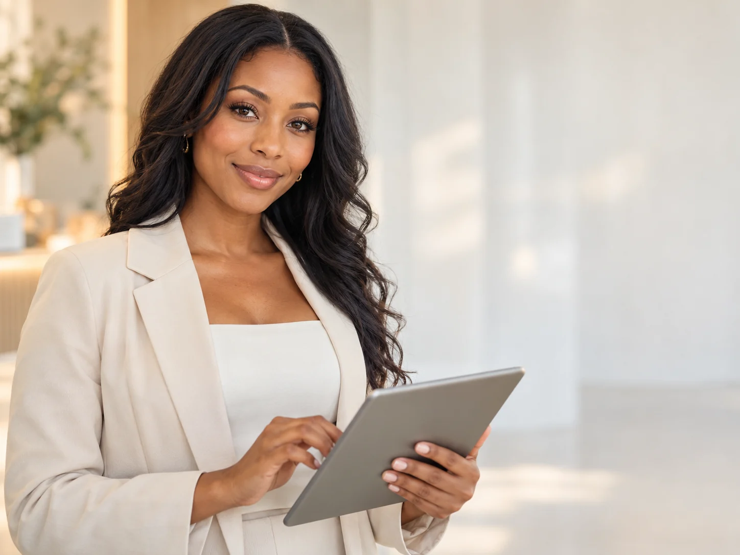 Medical spa provider holding a tablet in a modern practice
