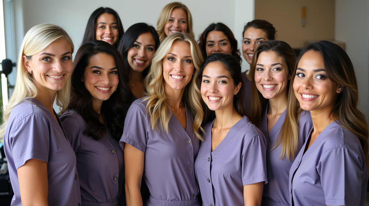 Happy medspa team smiling together showing benefits of four-day work week and medical spa management software