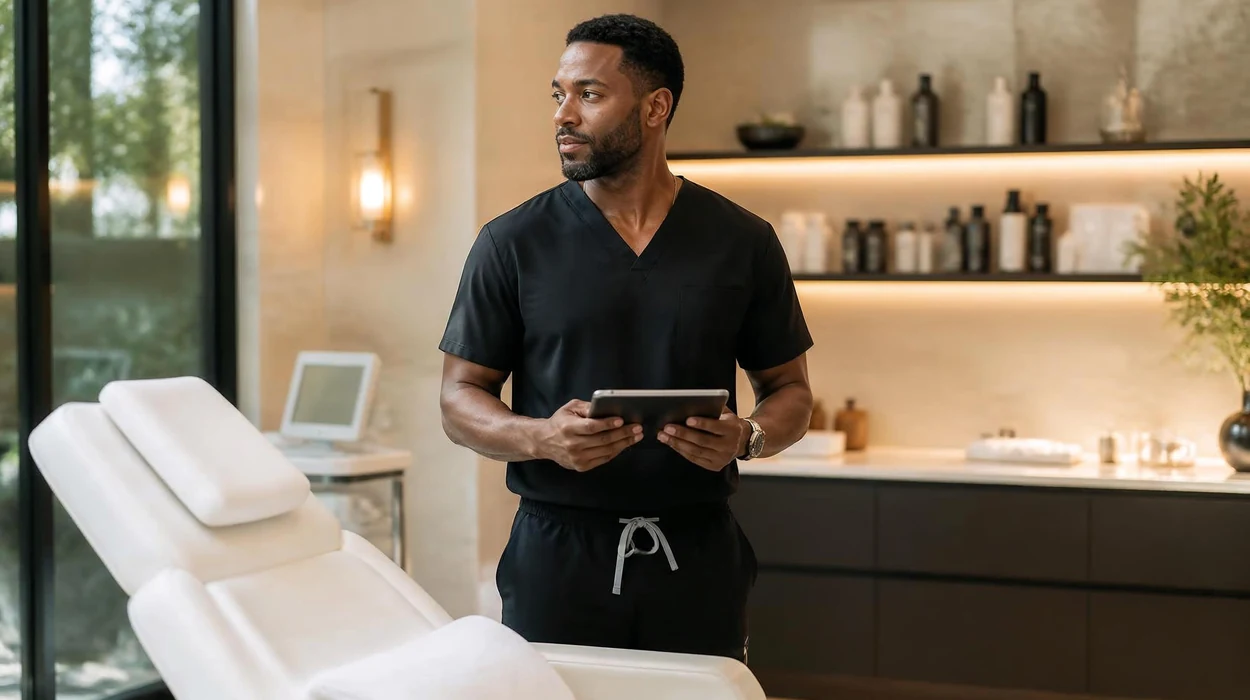 Aesthetic provider using medi spa software on a tablet in a modern medical spa treatment room.