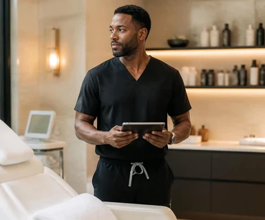Aesthetic provider using medi spa software on a tablet in a modern medical spa treatment room.