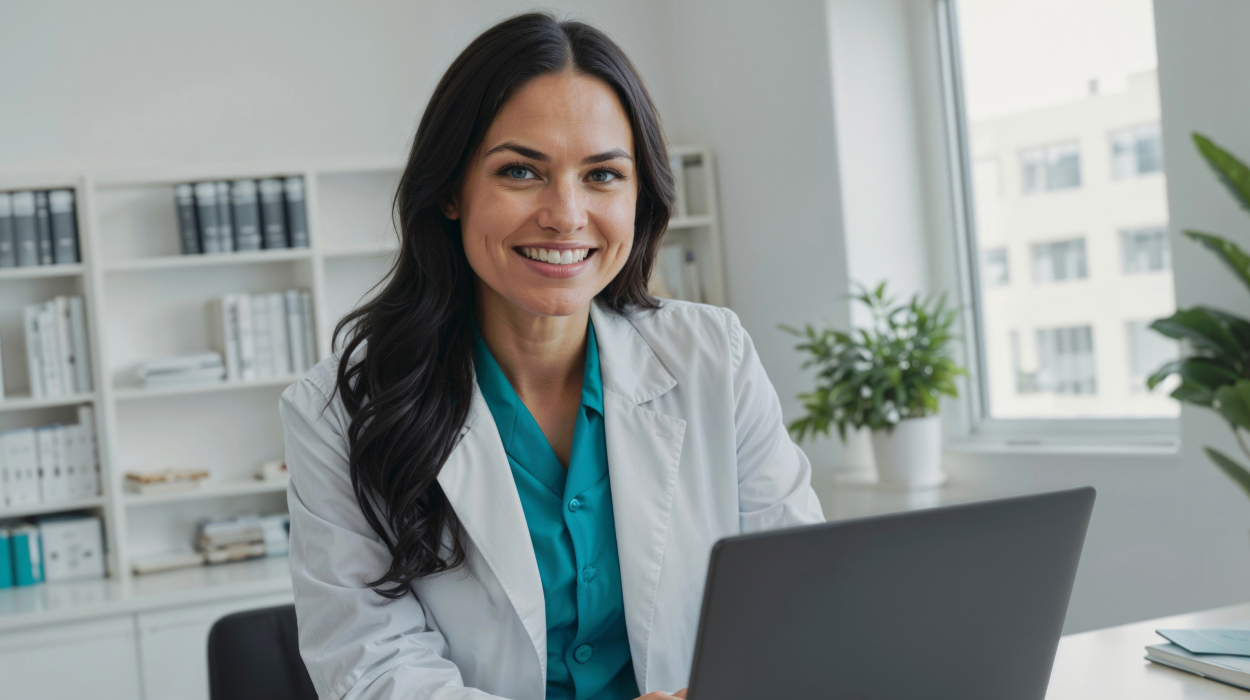 Aesthetician using AI powered support tools inside spa management software.