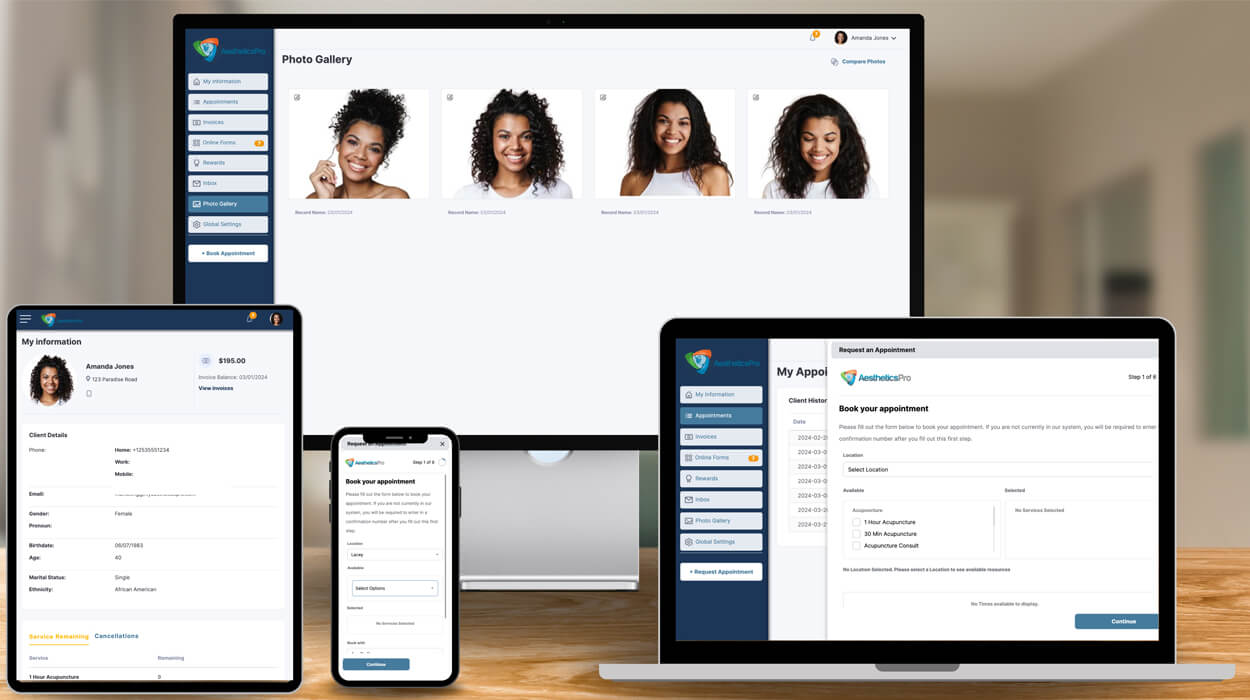 AestheticsPro's Client Portal and Book Now features displaying on multiple devices.