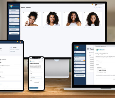 AestheticsPro's Client Portal and Book Now features displaying on multiple devices.