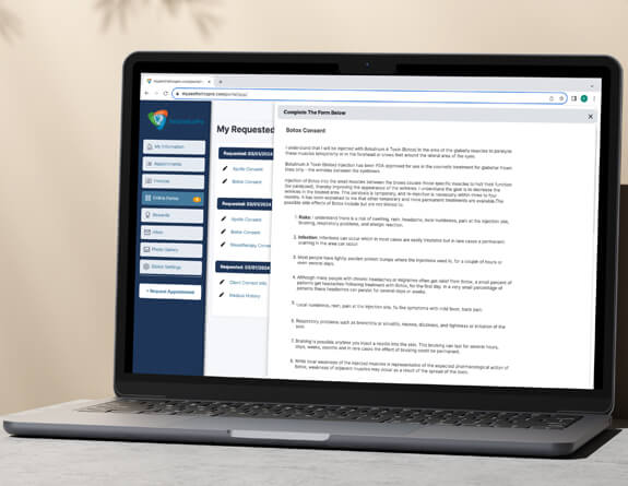 EMR Forms slide-out displayed on a laptop screen.