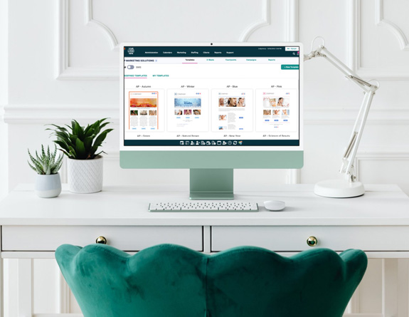 Computer screen showing AestheticsPro's medical spa software marketing suite.