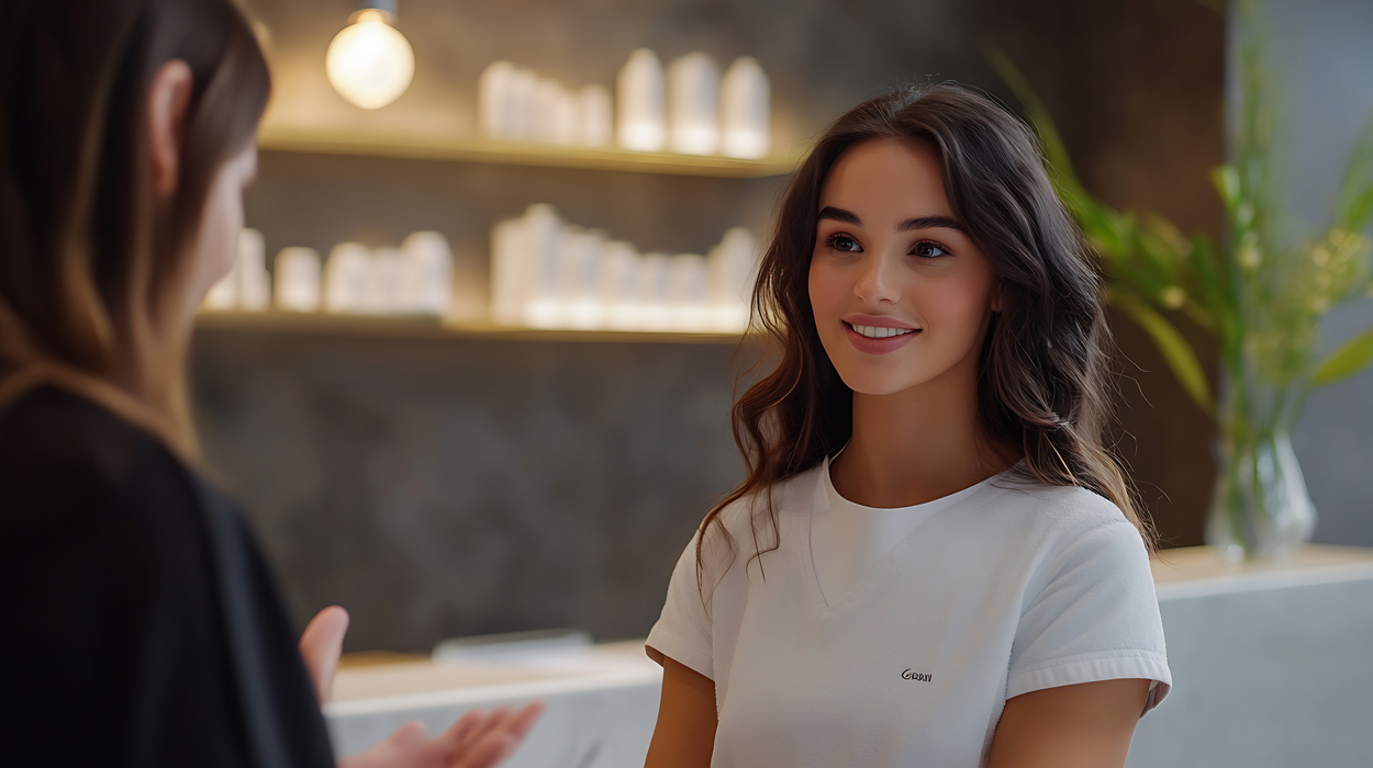Medical spa receptionist explaining to client Payment Plan Options.
