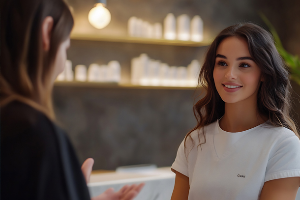 Medical spa receptionist explaining to client Payment Plan Options.