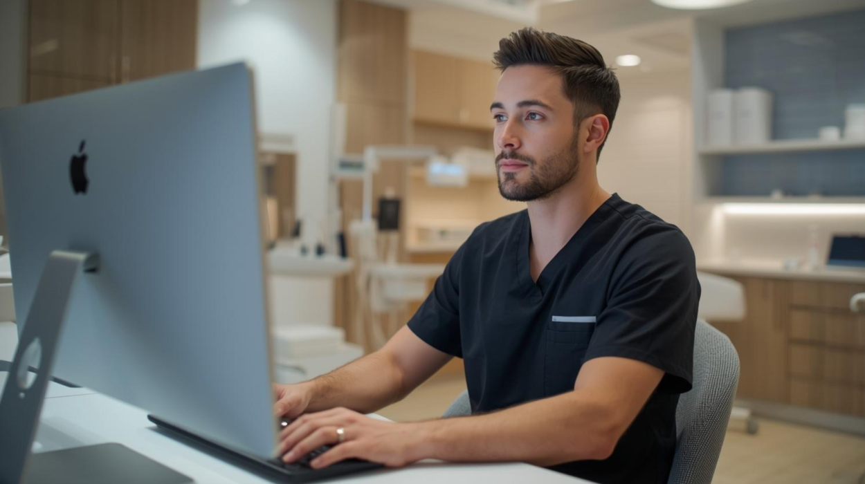 Medspa employee managing AI receptionist software to boost client bookings.