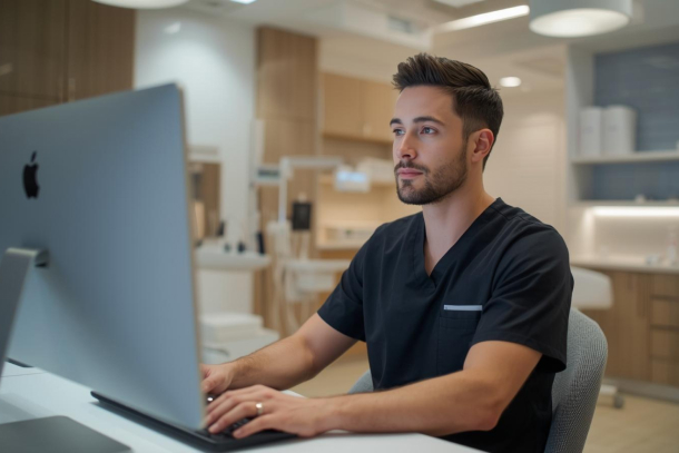 Medspa employee managing AI receptionist software to boost client bookings.
