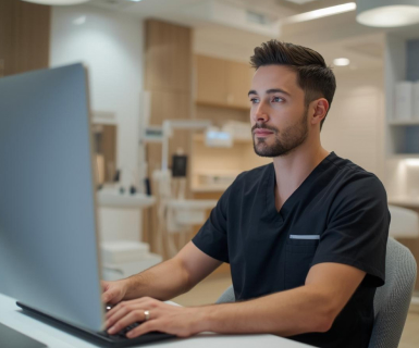 Medspa employee managing AI receptionist software to boost client bookings.
