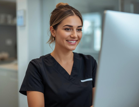 Medspa employee updating local keywords on the website to then book a client using medical spa software.