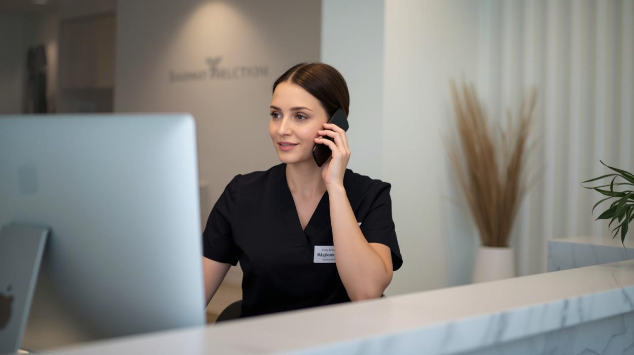 Medspa employee booking a client who discovered their business through local SEO using the best medical spa software.