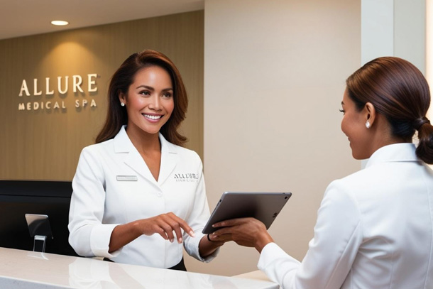 Front desk checking in a new client with secure medical spa software.