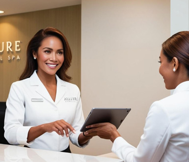 Front desk checking in a new client with secure medical spa software.