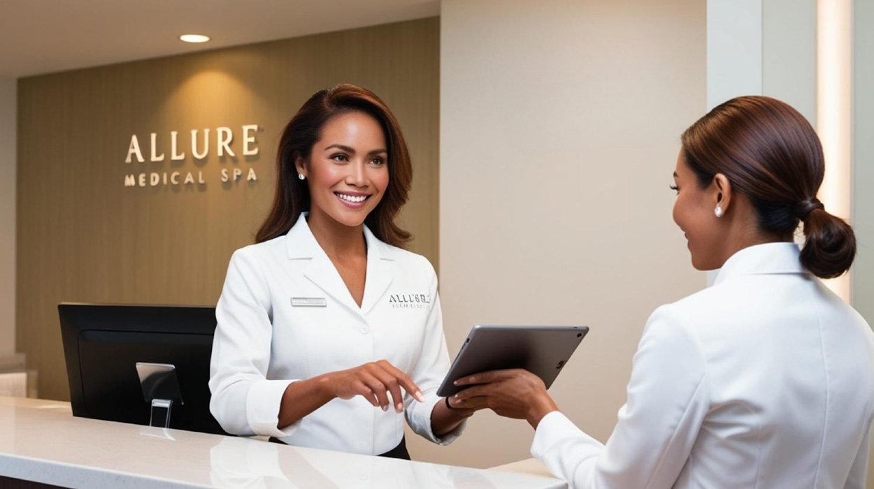 Front desk checking in a new client with secure medical spa software.