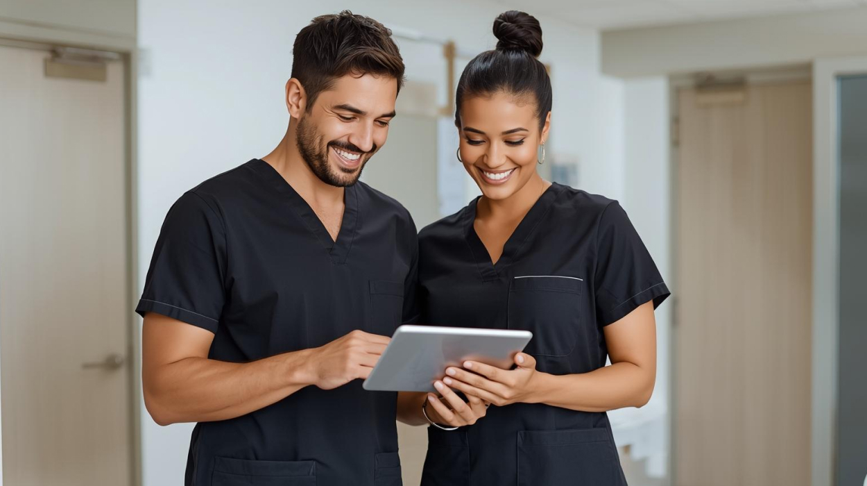 Medical spa staff using the best medi spa software to track client records.