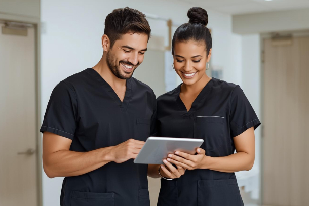 Medical spa staff using the best medi spa software to track client records.