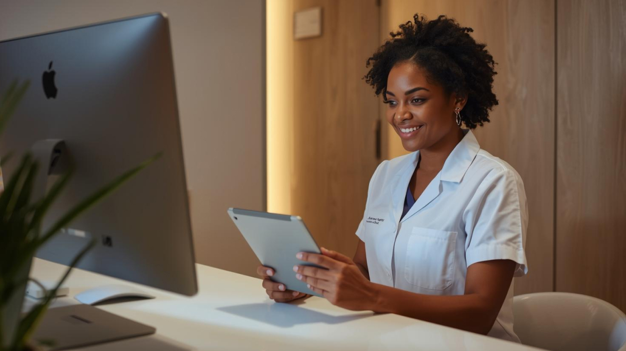 Aesthetic professional using medical spa management software to provide a paid virtual consult.