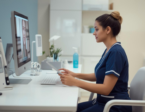Medspa professional using aesthetic clinic software to host a paid client consultation.