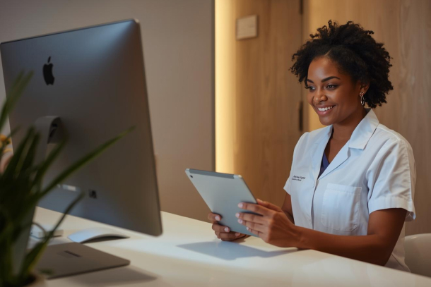 Aesthetic professional using medical spa management software to provide a paid virtual consult.