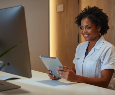 Aesthetic professional using medical spa management software to provide a paid virtual consult.