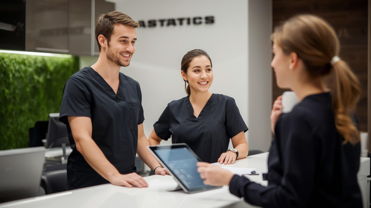 Medical spa professionals using the medical spa management software to schedule a follow up appointment with a client.