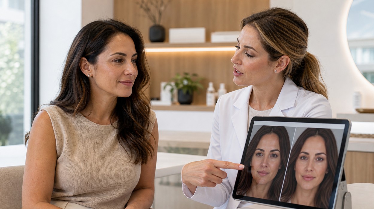 Provider reviewing AI-edited facial reference images with a client using an EMR for medical spa consultation.