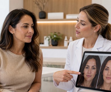 Provider reviewing AI-edited facial reference images with a client using an EMR for medical spa consultation.