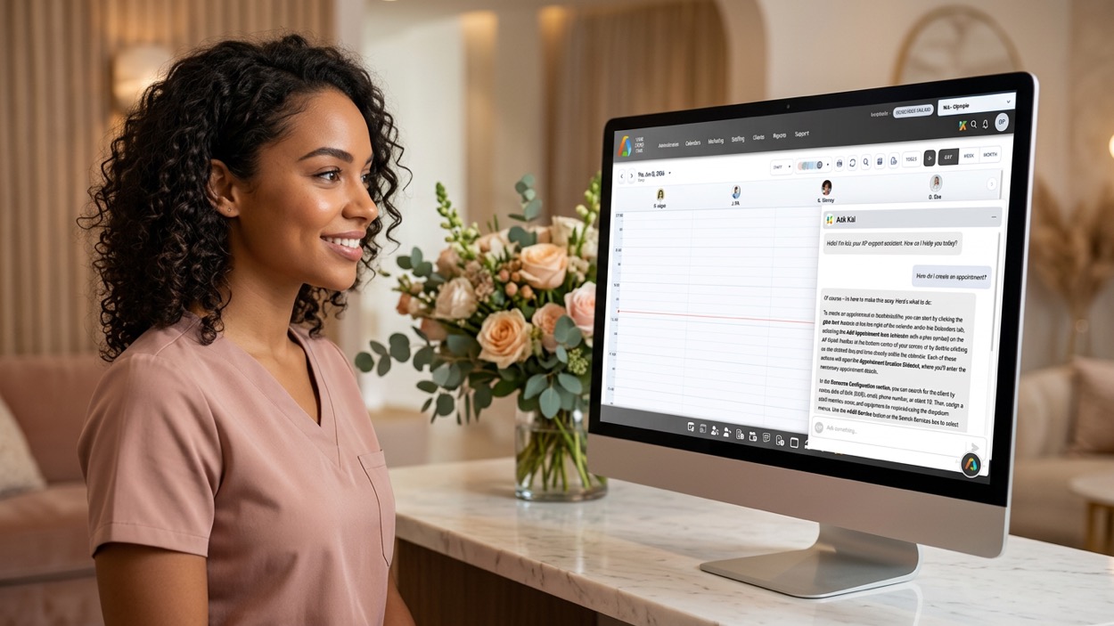 Medspa front desk staff using Kai Support Assistant inside AestheticsPro medical spa software to get instant answers during a busy shift