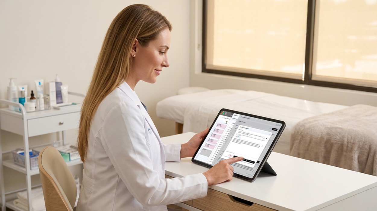 Medspa provider using AI-powered medical spa software to generate clinical notes on a tablet in a bright modern treatment room