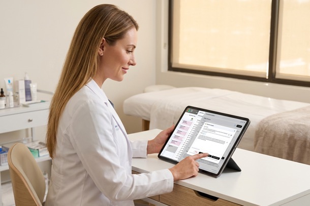 Medspa provider using AI-powered medical spa software to generate clinical notes on a tablet in a bright modern treatment room