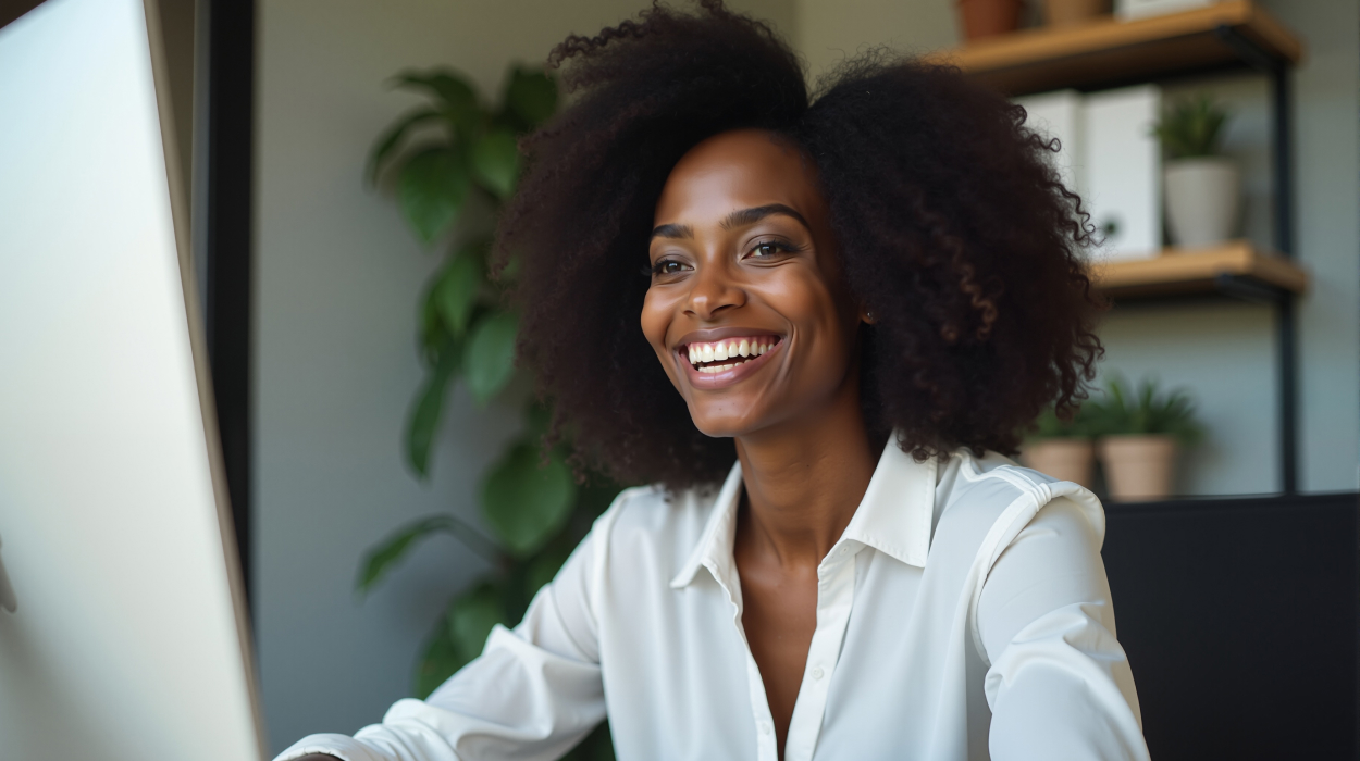 Smiling medspa professional using medical spa software at her desk – showcasing best med spa software in action