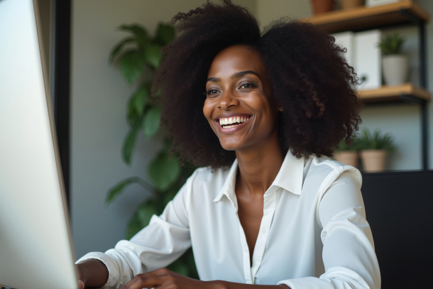 Smiling medspa professional using medical spa software at her desk – showcasing best med spa software in action