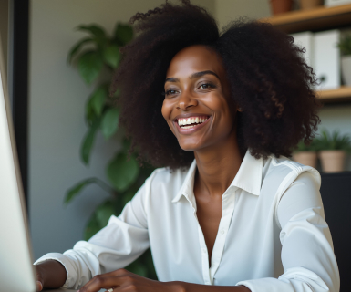Smiling medspa professional using medical spa software at her desk – showcasing best med spa software in action