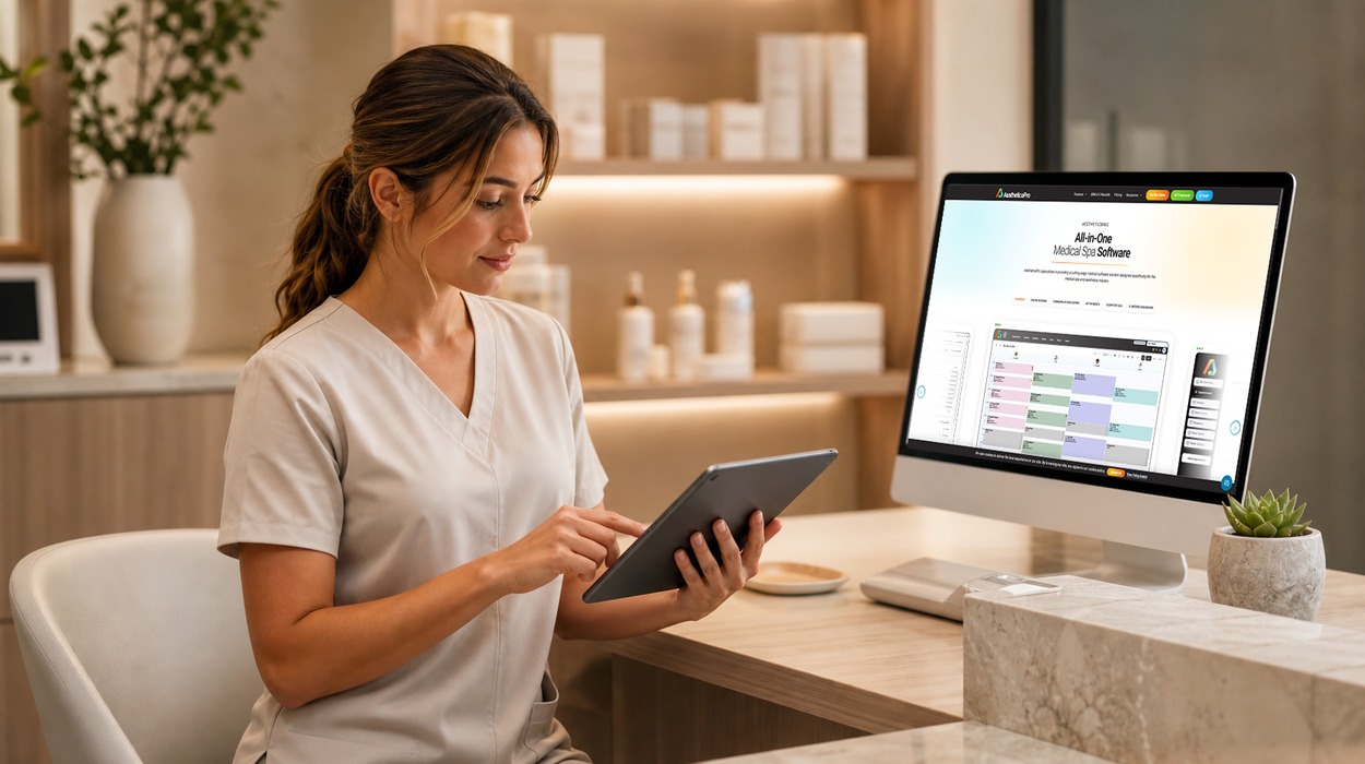 Medical spa professional using connected medical spa software systems on a tablet and desktop computer.