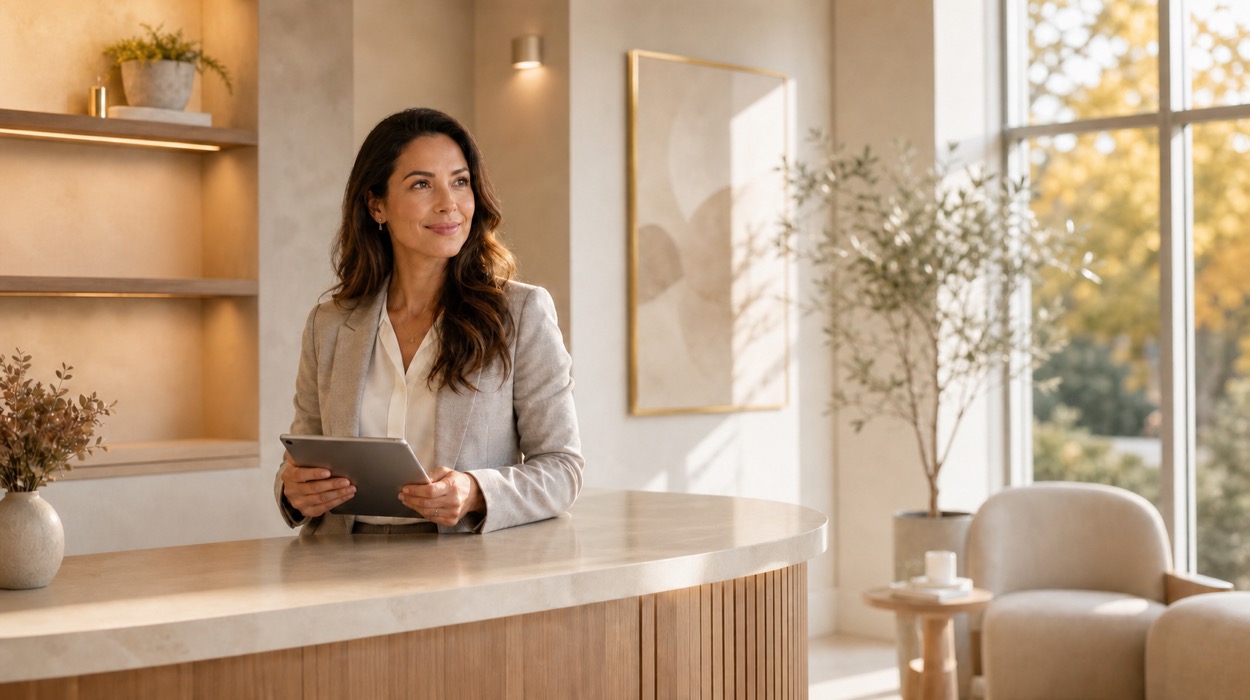 Aesthetic practice owner using spa management software on a tablet at a modern medical spa reception desk.