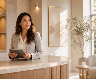 Aesthetic practice owner using spa management software on a tablet at a modern medical spa reception desk.