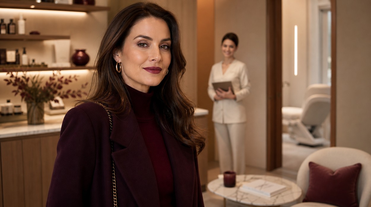Woman in a modern medical spa reflecting fall beauty trends, with a provider holding a tablet in the background.