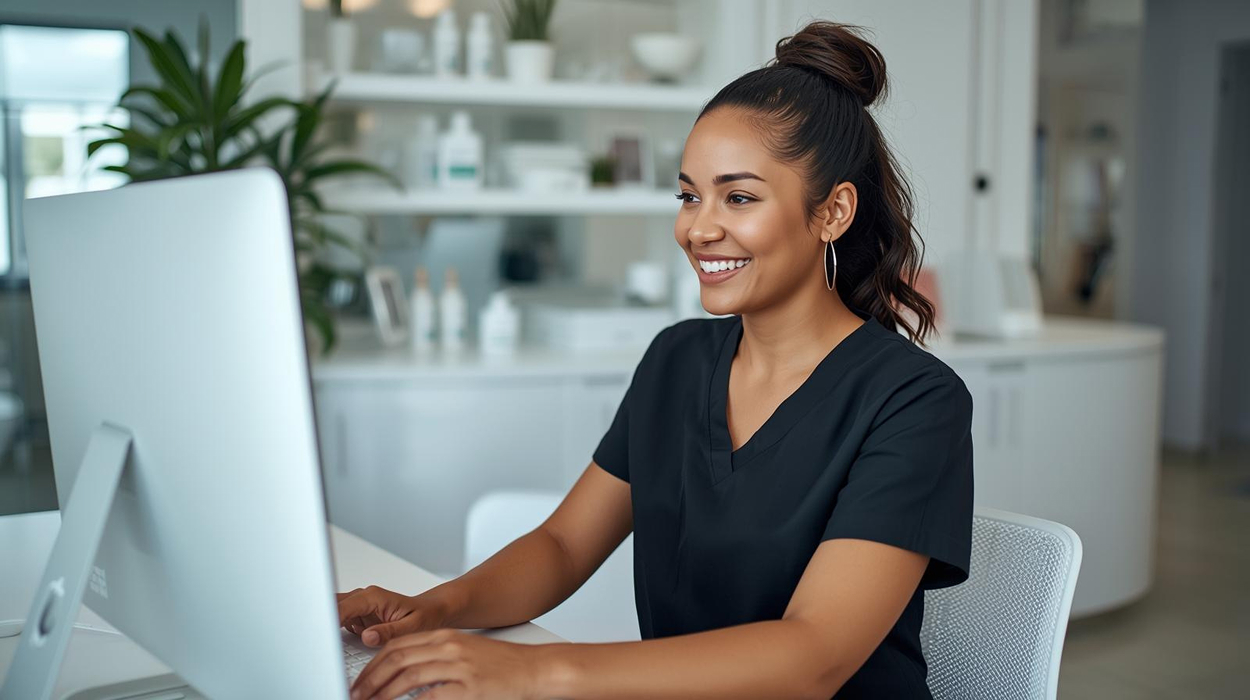 Med spa owner reviewing growth tools using spa management software to increase revenue