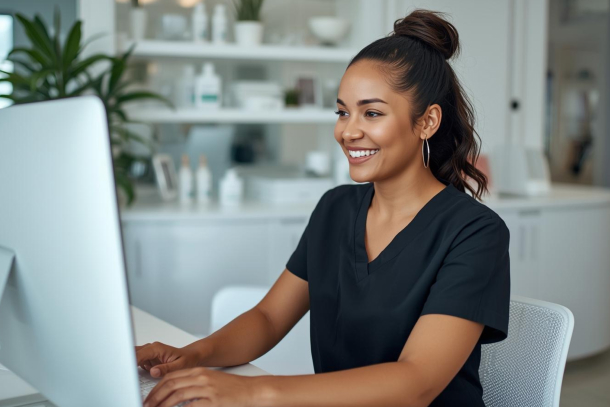 Med spa owner reviewing growth tools using spa management software to increase revenue