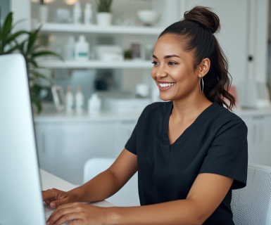 Med spa owner reviewing growth tools using spa management software to increase revenue