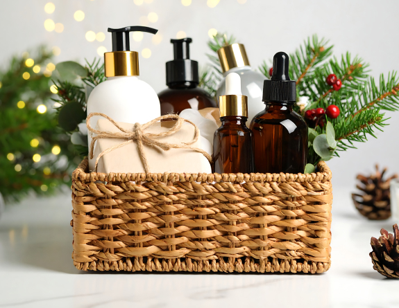 Holiday product gift basket for med spa loyalty program members.