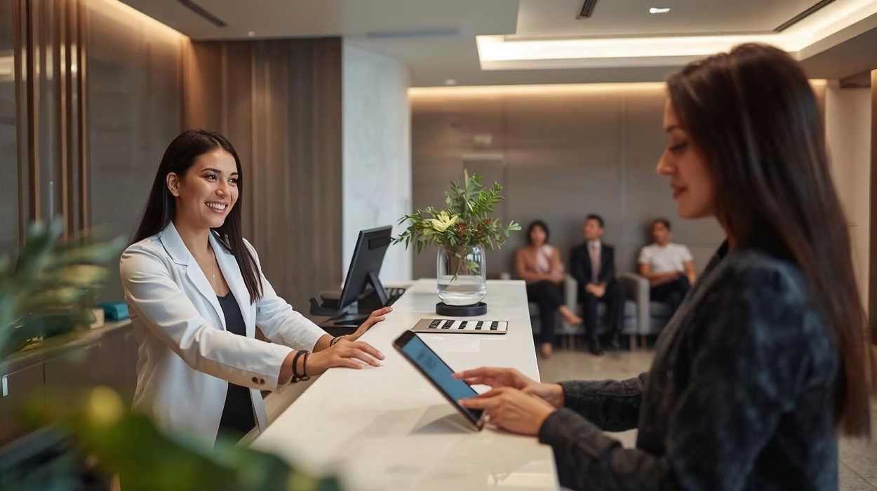 Medspa front desk coordinator using spa management software on tablet during seamless client check-in.